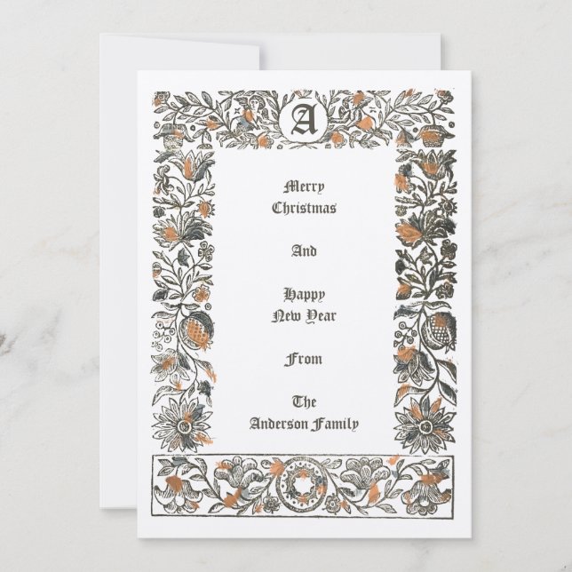 Renaissance Blommigt Pomegranate Woodblock jul Julkort (Framsida)