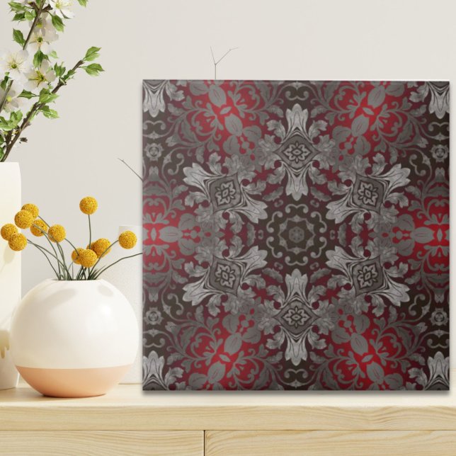 renaissance, gotisk metallröd och svart mandala kakelplatta (renaissance gothic metallic red and black mandala ceramic tile)