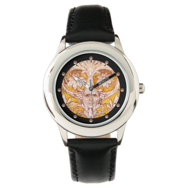 RENAISSANCE GROTESQUE ANSIKTE MED GULD VITE BLOMMI ARMBANDSUR (Framsida)