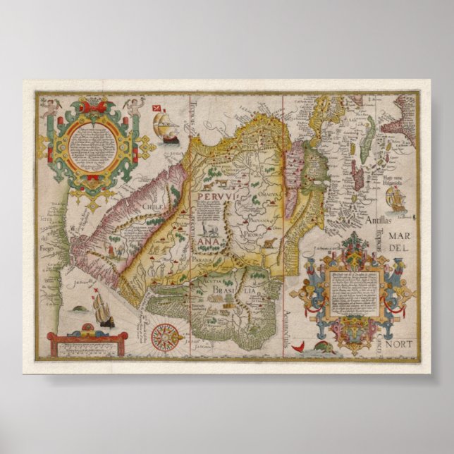 Renaissance karta i Peru och Brasil Poster (Framsidan)
