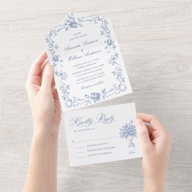 Renaissance Ornate Blommigt Dusty Blue Bröllop (Tearaway)