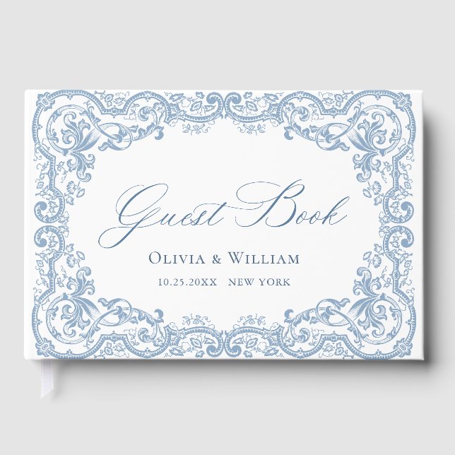 Renaissance Ornate Blommigt Dusty Blue Bröllop Gästböcker (Framsida)