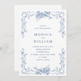 Renaissance Ornate Blommigt Dusty Blue Bröllop Inbjudningar