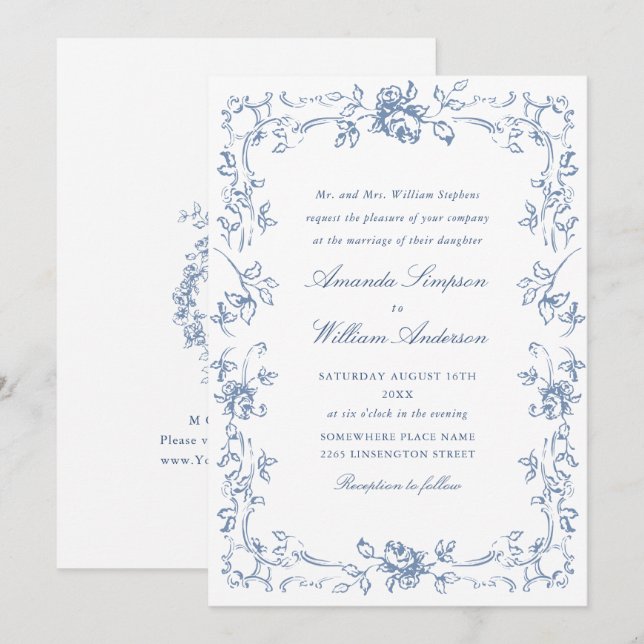 Renaissance Ornate Blommigt Dusty Blue Bröllop Inbjudningar (Fram/baksida)