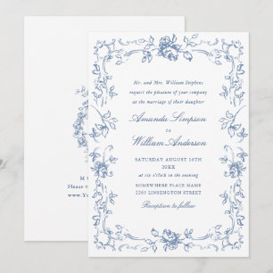 Renaissance Ornate Blommigt Dusty Blue Bröllop Inbjudningar