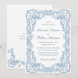 Renaissance Ornate Blommigt Dusty Blue Bröllop Inbjudningar
