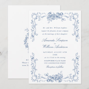 Renaissance Ornate Blommigt Dusty Blue Bröllop Inbjudningar