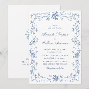 Renaissance Ornate Blommigt Dusty Blue Bröllop Inbjudningar