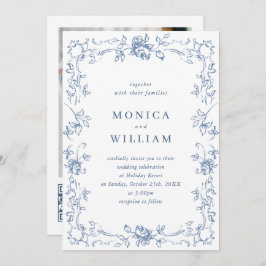 Renaissance Ornate Blommigt Dusty Blue Bröllop Inbjudningar