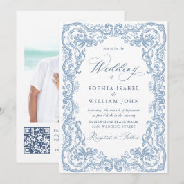 Renaissance Ornate Blommigt Dusty Blue Bröllop Inbjudningar
