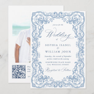 Renaissance Ornate Blommigt Dusty Blue Bröllop Inbjudningar