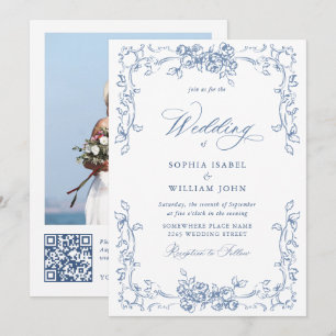 Renaissance Ornate Blommigt Dusty Blue Bröllop Inbjudningar