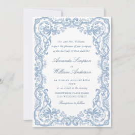 Renaissance Ornate Blommigt Dusty Blue Bröllop Inbjudningar
