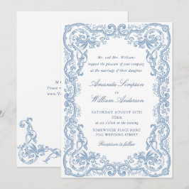 Renaissance Ornate Blommigt Dusty Blue Bröllop Inbjudningar