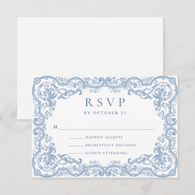 Renaissance Ornate Blommigt Dusty Blue Bröllop OSA Kort (Fram/baksida)