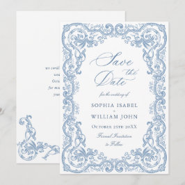 Renaissance Ornate Blommigt Dusty Blue Bröllop Spara Datumet