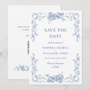 Renaissance Ornate Blommigt Dusty Blue Bröllop Spara Datumet