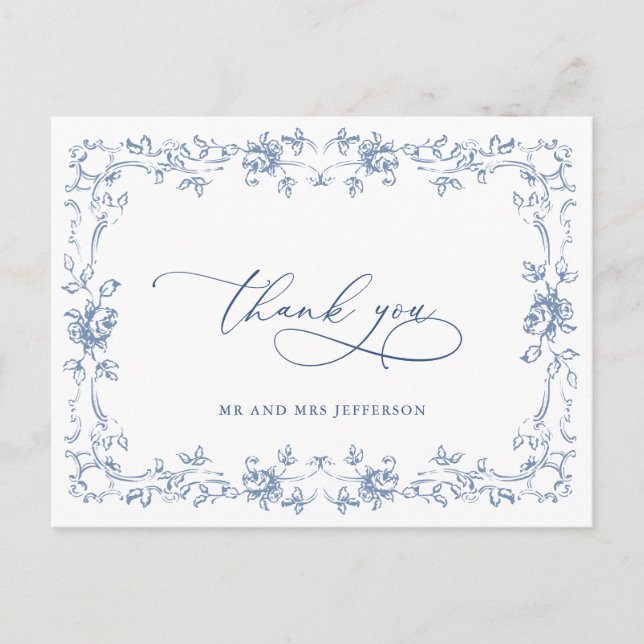 Renaissance Ornate Blommigt Dusty Blue Bröllop Vykort (Framsida)