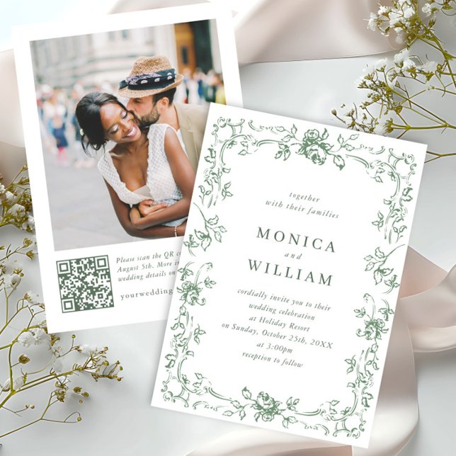 Renaissance Ornate Blommigt Sage Grönt Bröllop Inbjudningar (Skapare uppladdad)