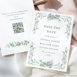 Renaissance Ornate Blommigt Sage Grönt Bröllop Spara Datumet