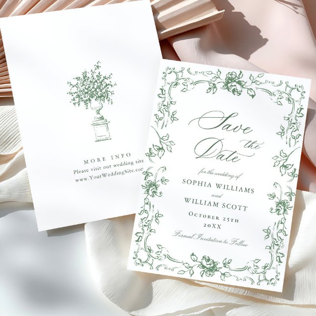 Renaissance Ornate Blommigt Sage Grönt Bröllop Spara Datumet (Skapare uppladdad)