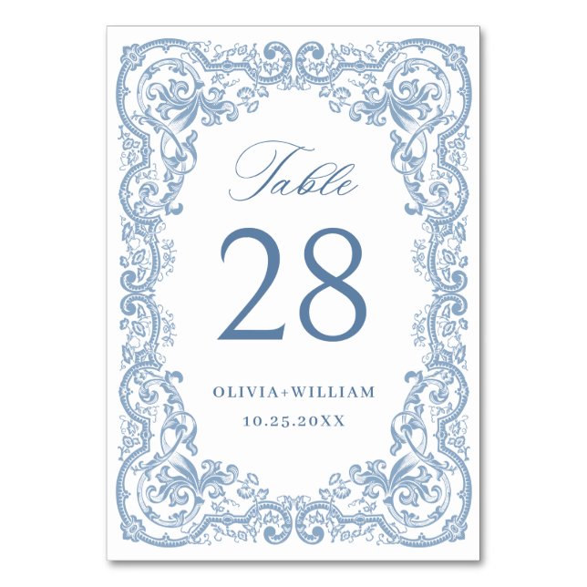 Renaissance Ornate Dusty Blue Blommigt Bröllop Bordsnummer (Framsidan)