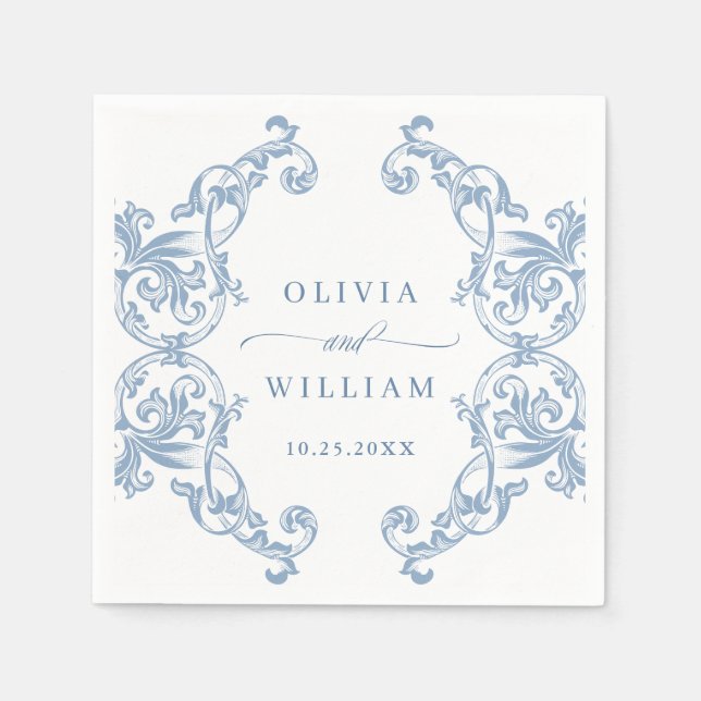 Renaissance Ornate Dusty Blue Blommigt Bröllop Pappersservett (Framsidan)