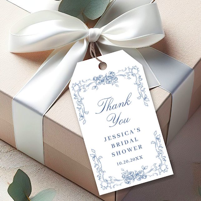 Renaissance Ornate Dusty Blue Blommigt Bröllop Presentetikett (Skapare uppladdad)
