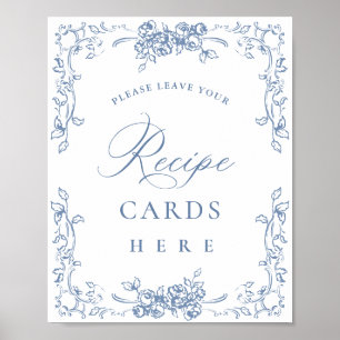 Renaissance Ornate Dusty Blue Blommigt Recipe-kort Poster