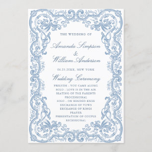 Renaissance Ornate Dusty Blue Bröllop Ceremony Program