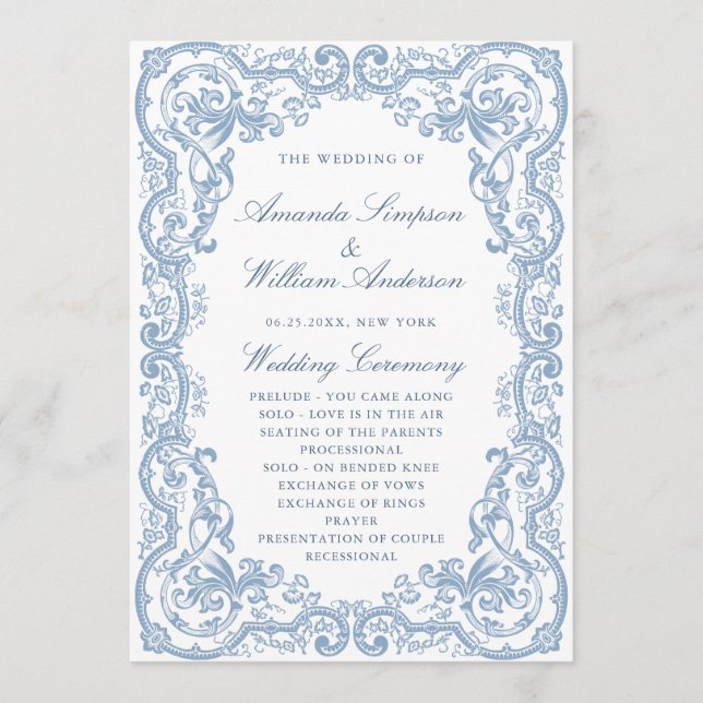 Renaissance Ornate Dusty Blue Bröllop Ceremony Program (Framsida)