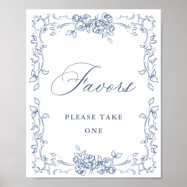 Renaissance Ornate Dusty Blue Favors Bröllop Poster (Framsidan)