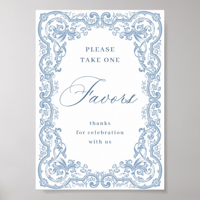 Renaissance Ornate Dusty Blue Favors Bröllop Poster (Framsidan)