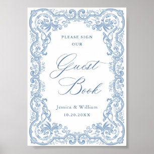Renaissance Ornate Dusty Blue Guestbook-tecken Poster
