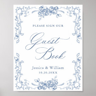 Renaissance Ornate Dusty Blue Guestbook-tecken Poster