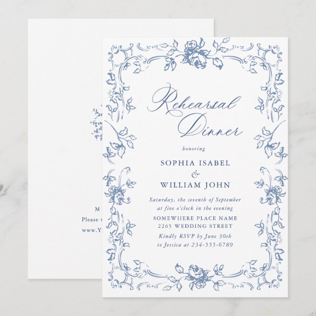 Renaissance Ornate Dusty Blue Rehearsal Dinner Inbjudningar (Fram/baksida)