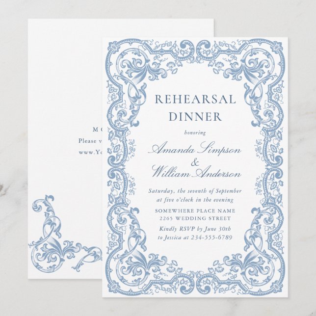 Renaissance Ornate Dusty Blue Rehearsal Dinner Inbjudningar (Fram/baksida)