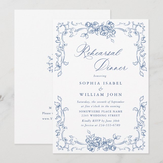 Renaissance Ornate Dusty Blue Rehearsal Dinner Inbjudningar (Fram/baksida)