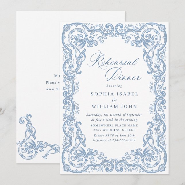 Renaissance Ornate Dusty Blue Rehearsal Dinner Inbjudningar (Fram/baksida)