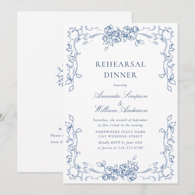 Renaissance Ornate Dusty Blue Rehearsal Dinner Inbjudningar (Fram/baksida)