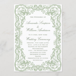 Renaissance Ornate Sage Grönt Bröllop Ceremony Program