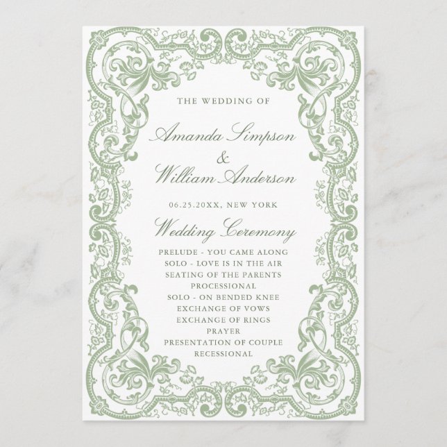 Renaissance Ornate Sage Grönt Bröllop Ceremony Program (Framsida)
