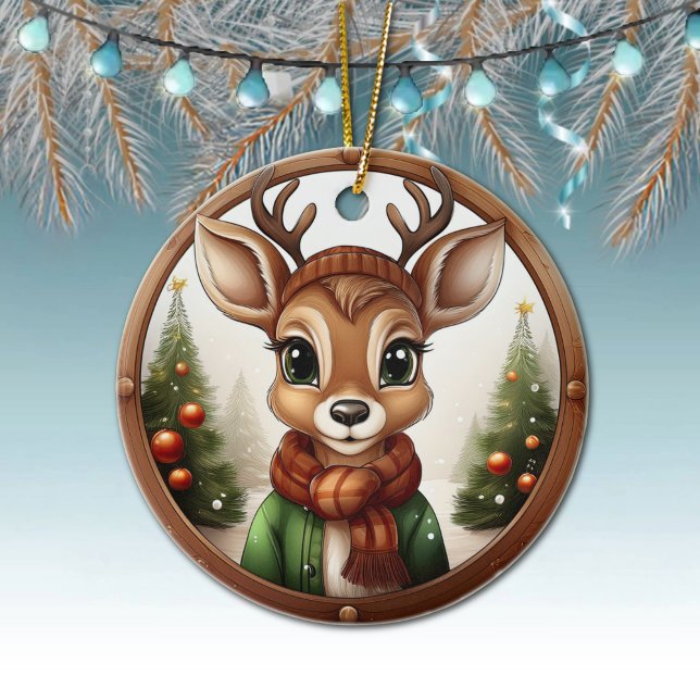 Renar, Hjort, Antlers, Winter Julafton Scene 🦌 🎄 Julgransprydnad Keramik (Cute Reindeer, Deer Antlers, Fawn, Doe Winter Trees Rustic Brown Framed Xmas Scene Ornament 🦌🎄)
