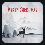 Renar i Vilden Grått Vattenfärgad jul Fyrkantigt Klistermärke<br><div class="desc">Juldekaler med en vattenfärgad bild med en svart silhuettrindar som står bland vissa gräs träd. Grått Black and white neutralt färg.</div>