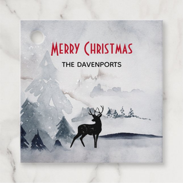 Renar i Vilden Grått Vattenfärgad jul Gåvor Etiketter (Framsida)