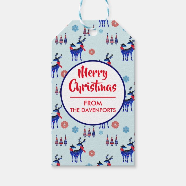 Renar, Julgranar och Snöflingor Mönster Presentetikett (Framsidan)