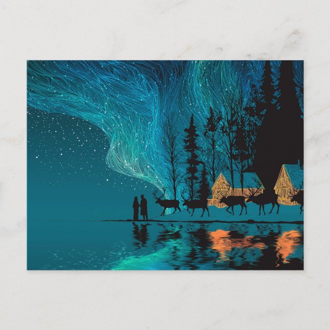 Renar, kabin, norra Ljus vid vintern sjö Helg Vykort (Framsida)