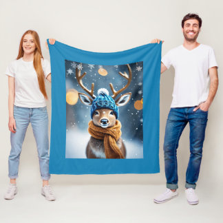 Renar med en kute vinter-sticka-hatt fleecefilt