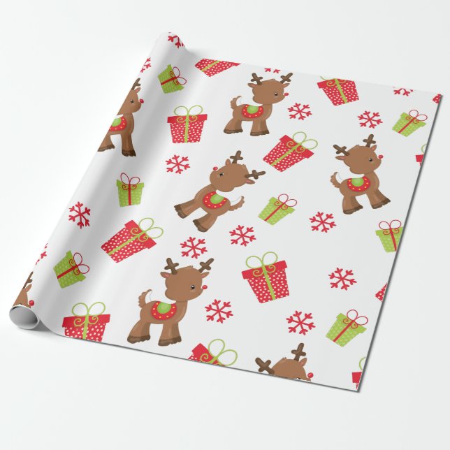 Renar Presenterar Snöflingor Julmönster Presentpapper (Utrullad)