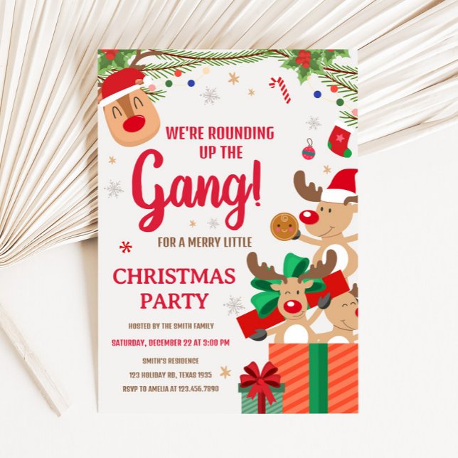 Renar Roligt Rundade upp Gang-julen Party Inbjudningar (Fun Reindeer We're Rounding Up the Gang Christmas Party Invitation)